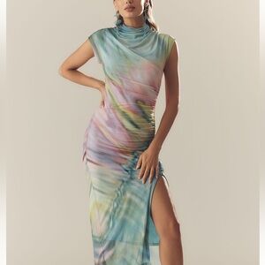 Anthropologie Maya Ruched Cowl-Neck Mesh Dress | Green Pattern